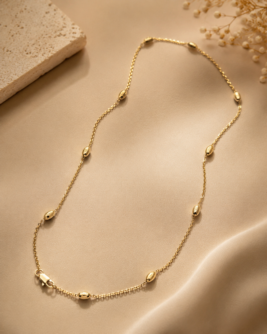 Veloura Gold Boncuk Detaylı Minimal Zincir Kolye – 45 cm | Suya Dayanıklı Paslanmaz Çelik Kadın Kolye
