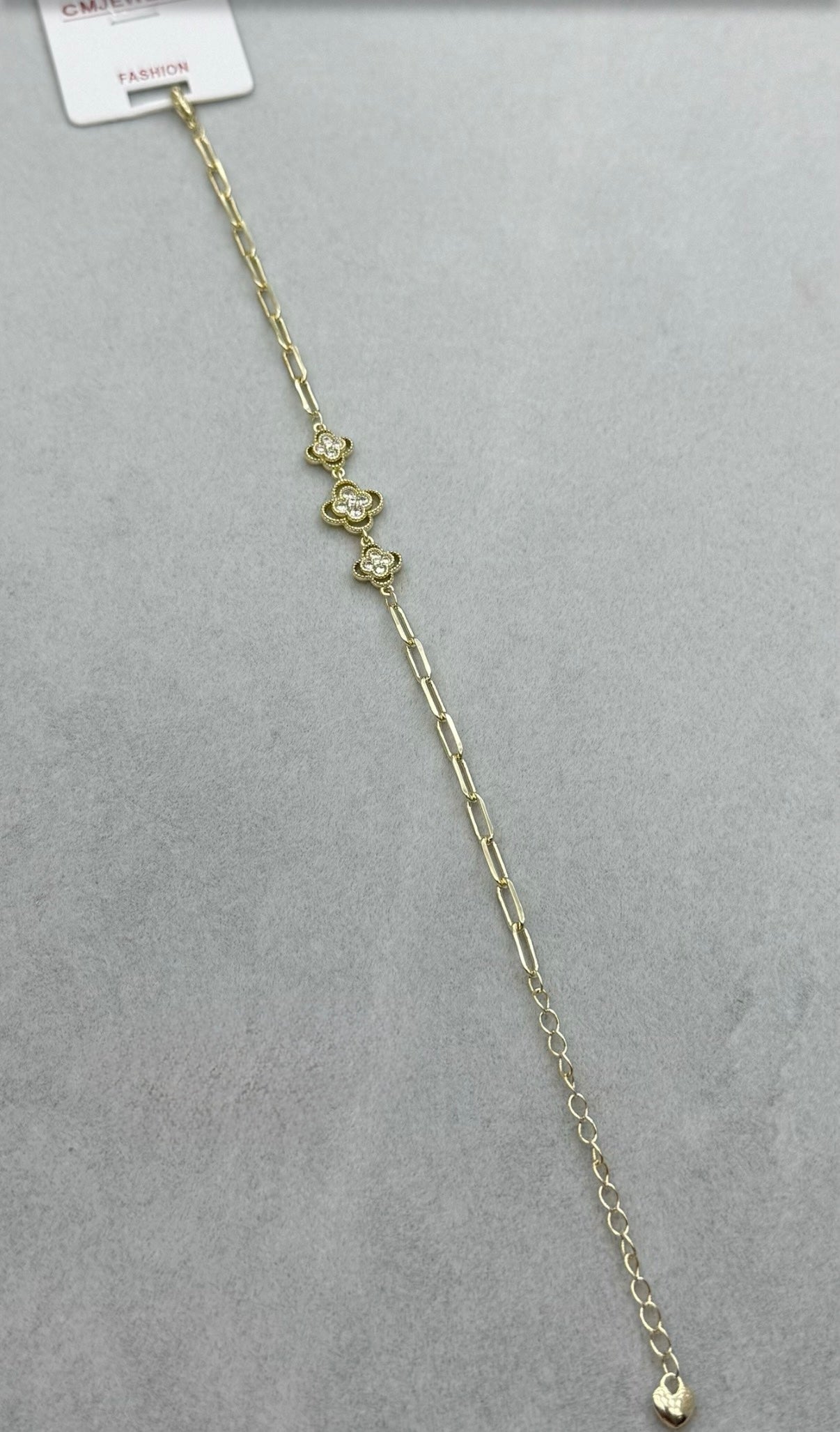 Altın Kaplama Yonca Çiçek Zirkon Taşlı Paperclip Zincir Bileklik Kararma Yapmaz Kadın Bileklik