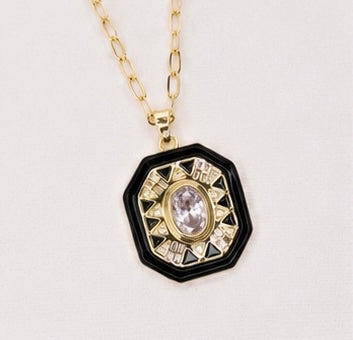 Veloura Art Deco Vintage Siyah Mineli Oval Taşlı Çelik Kolye